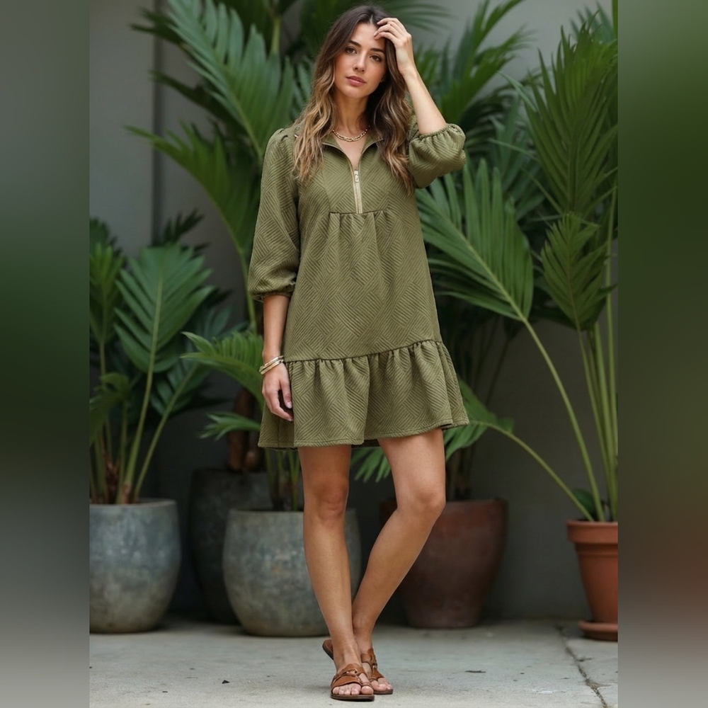 Lovesoft Jungle Green Quarter Zip Collar Bracelet Sleeve Textured Dress Sz Sm
